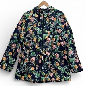 Susan Graver XL Tropical Floral Hooded Utility Jacket Zip Front